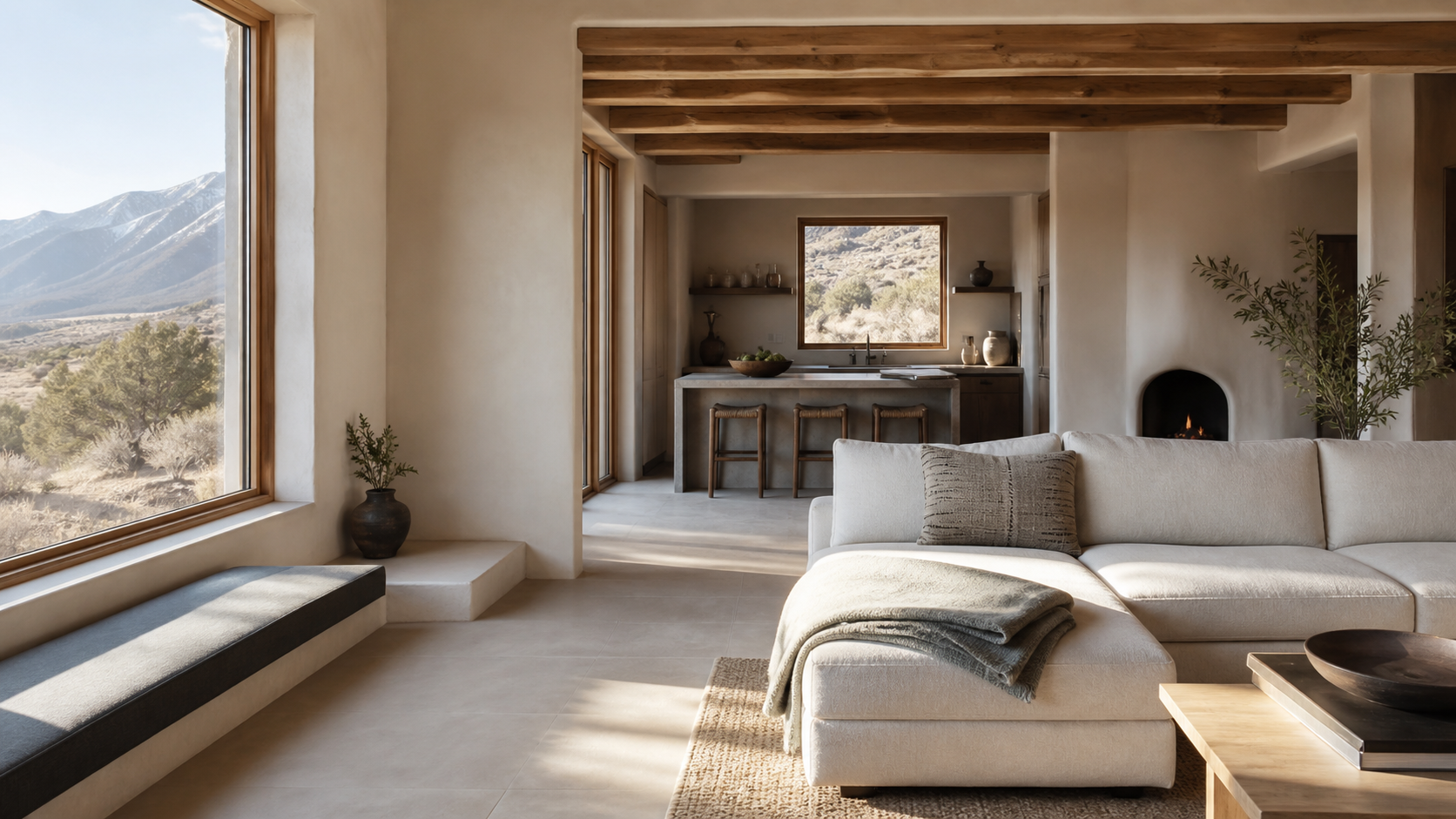 Peaceful Taos second-home interior with mountain views